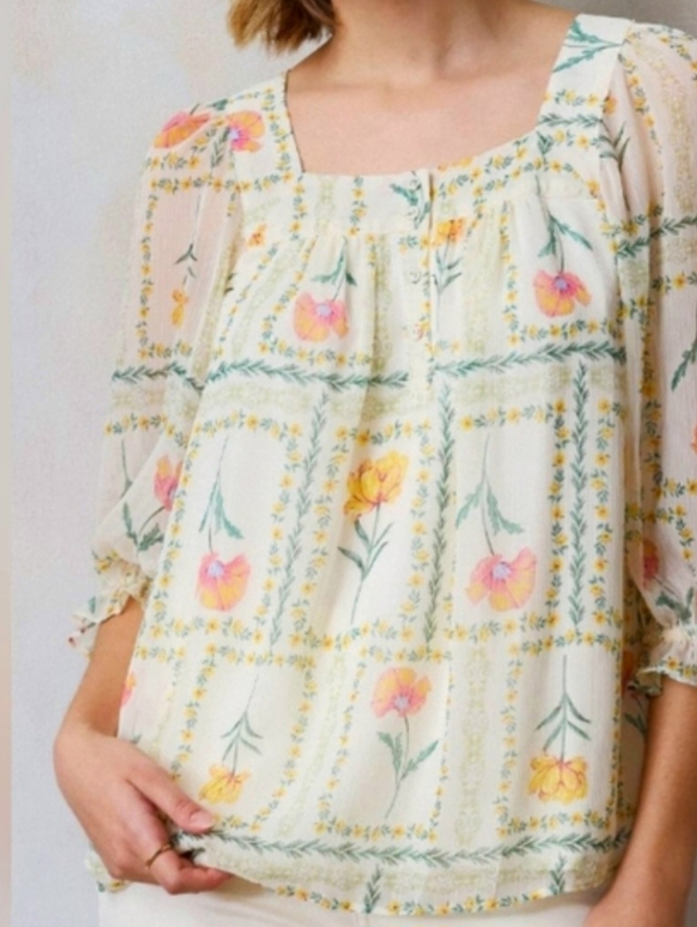 Floral Square-Neck Peasant Top Apricot & Green Garden Floral Print On Cream XL